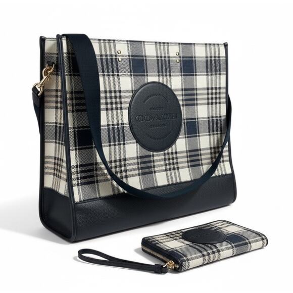Coach Handbags - Coach Dempsey Garden Plaid Large Tote Bag W/ Matching Wallet in Navy Blue EUC